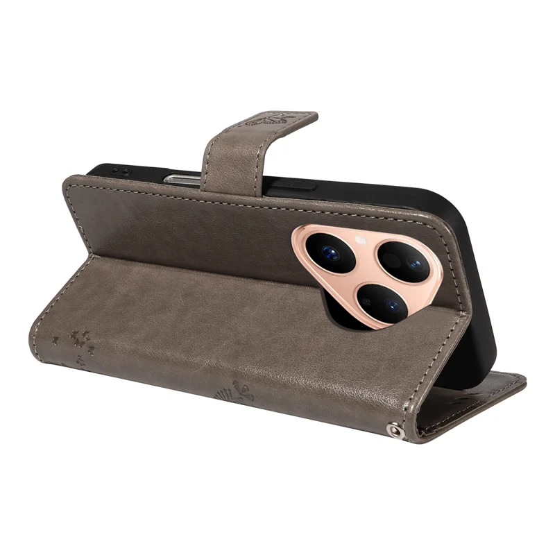 For Huawei Pura 80 Phone Case with Stand Cat Tree Pattern Leather Wallet Mobile Cover - Grey-Cellmalls