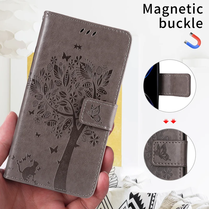 For Huawei Pura 80 Pro+ / Huawei Pura 80 Pro Phone Case with Stand Cat Tree Pattern Leather Wallet Mobile Cover - Grey-Cellmalls