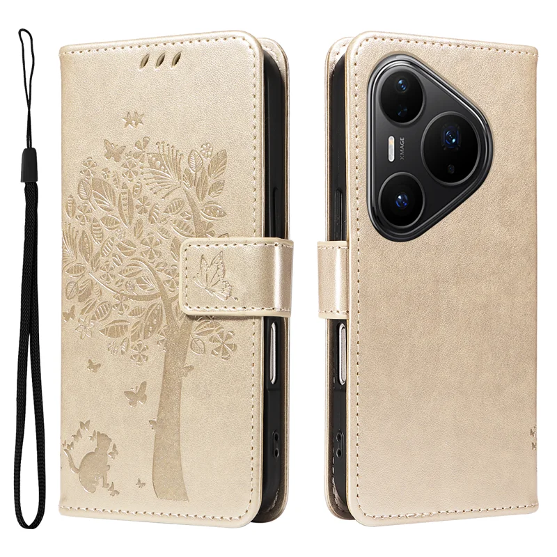 For Huawei Pura 80 Pro+ / Huawei Pura 80 Pro Phone Case with Stand Cat Tree Pattern Leather Wallet Mobile Cover - Grey-Cellmalls