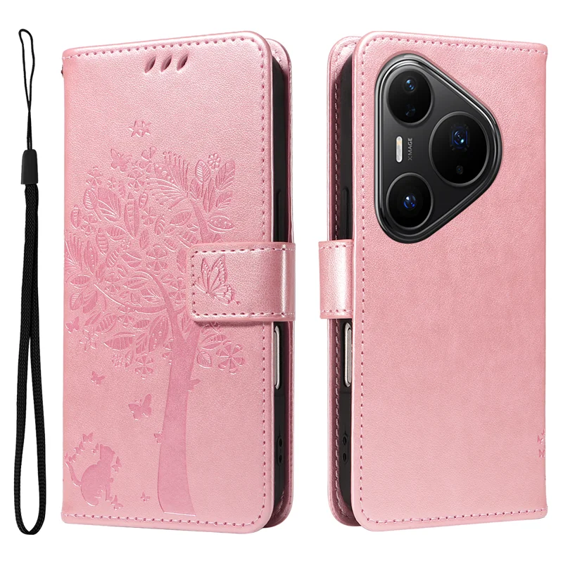 For Huawei Pura 80 Pro+ / Huawei Pura 80 Pro Phone Case with Stand Cat Tree Pattern Leather Wallet Mobile Cover - Grey-Cellmalls