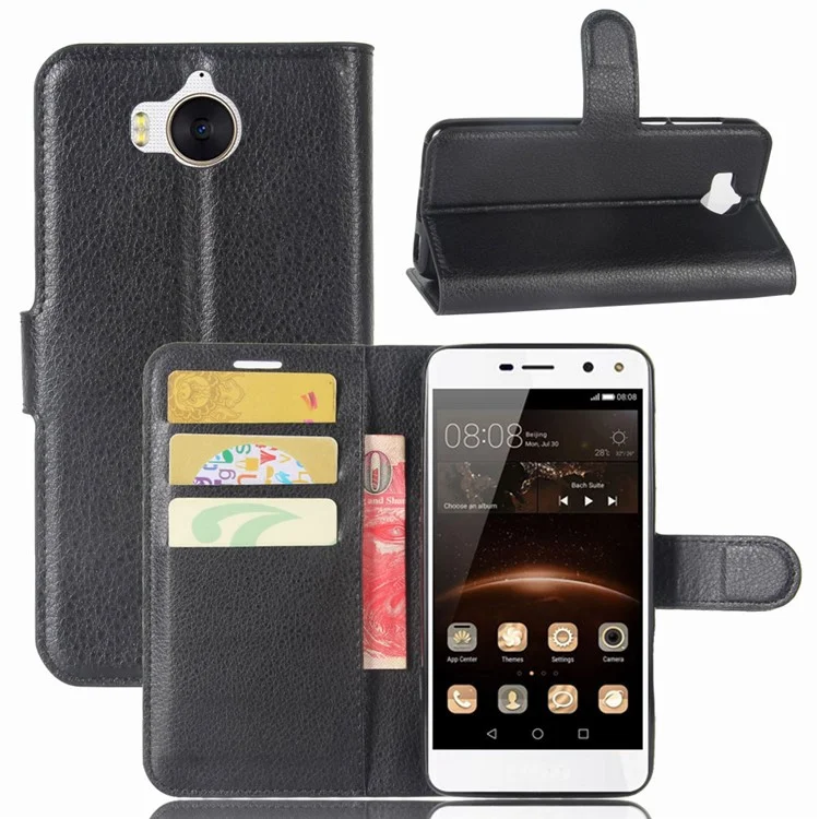 For Huawei Y5 (2017) / Y6 (2017) Litchi Texture PU Leather Card Slots Stand Phone Casing - Black-Cellmalls