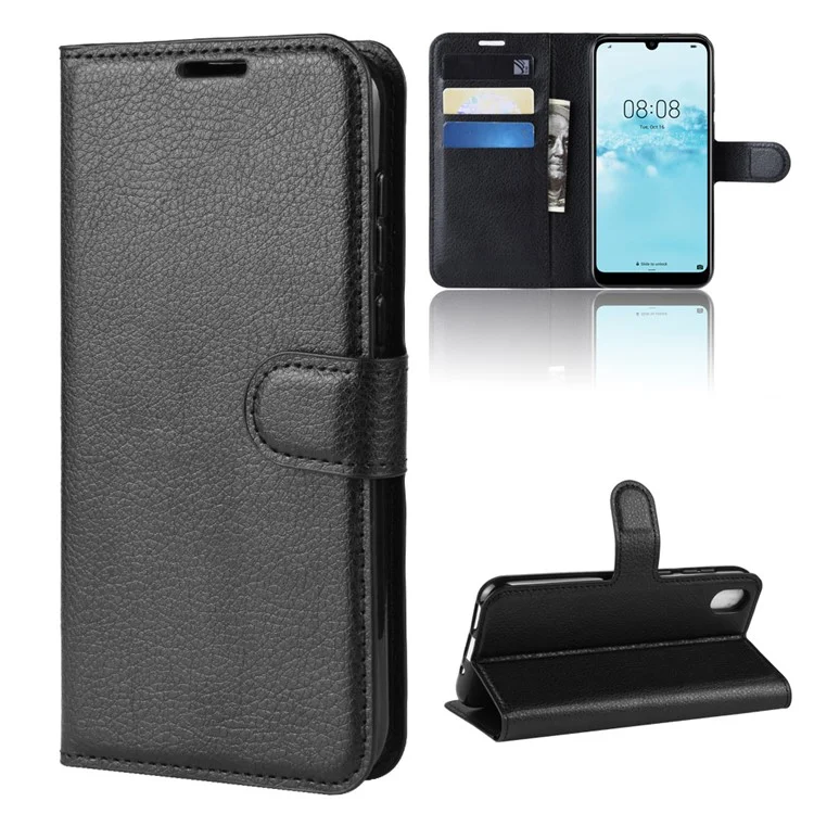 Litchi Skin PU Leather Magnetic Wallet Stand Case for Huawei Y5 (2019) / 8S - Black-Cellmalls