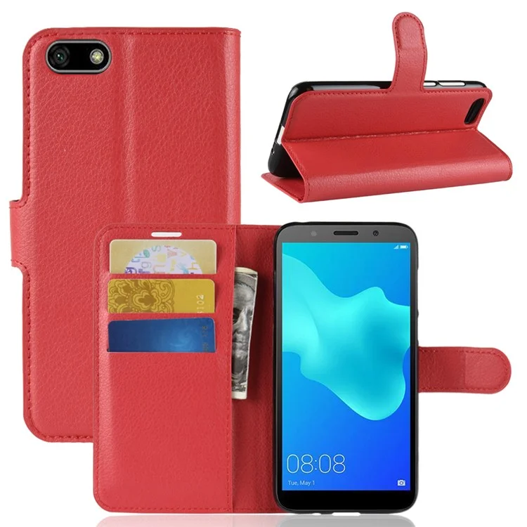 Litchi Skin Wallet Leather Stand Case for Huawei Y5 Prime (2018) / Y5 (2018) - Black-Cellmalls
