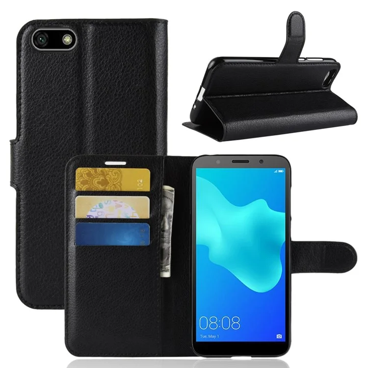 Litchi Skin Wallet Leather Stand Case for Huawei Y5 Prime (2018) / Y5 (2018) - Black-Cellmalls