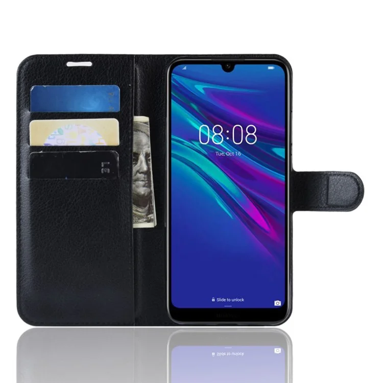 Litchi Texture Wallet Stand Leather Protector Cover for Huawei Y6 (2019, with Fingerprint Sensor) / Y6 Prime (2019) - Black-Cellmalls