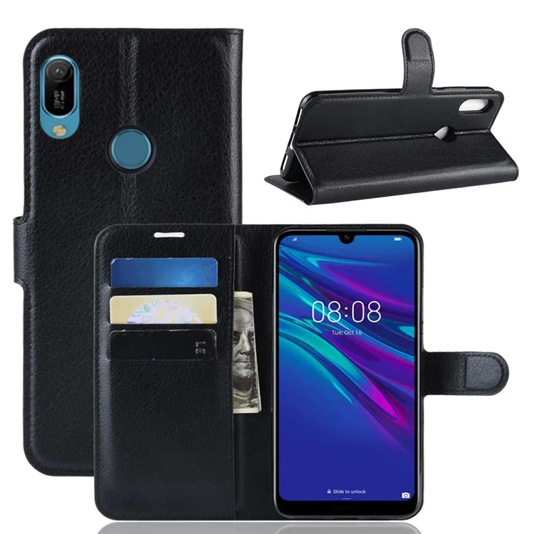 Litchi Texture Wallet Stand Leather Protector Cover for Huawei Y6 (2019, with Fingerprint Sensor) / Y6 Prime (2019) - Black-Cellmalls