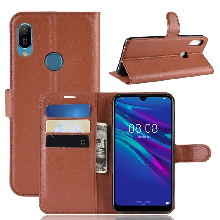 Litchi Texture Wallet Stand Leather Protector Cover for Huawei Y6 (2019, with Fingerprint Sensor) / Y6 Prime (2019) - Black-Cellmalls