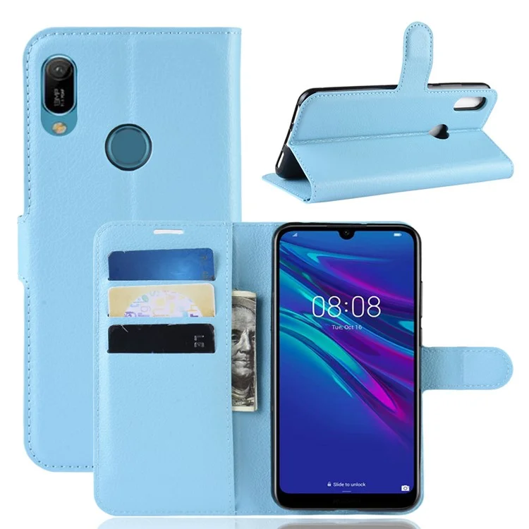 Litchi Texture Wallet Stand Leather Protector Cover for Huawei Y6 (2019, with Fingerprint Sensor) / Y6 Prime (2019) - Black-Cellmalls