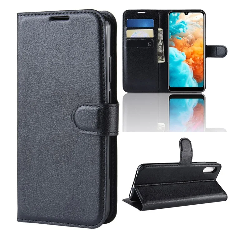Litchi Texture Wallet Stand Leather Mobile Casing for Huawei Y6 Pro (2019) - Black-Cellmalls