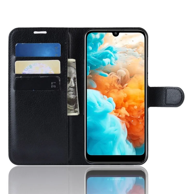 Litchi Texture Wallet Stand Leather Mobile Casing for Huawei Y6 Pro (2019) - Black-Cellmalls