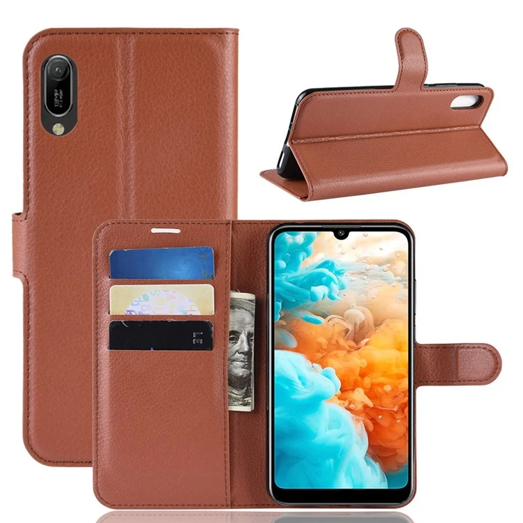 Litchi Texture Wallet Stand Leather Mobile Casing for Huawei Y6 Pro (2019) - Black-Cellmalls