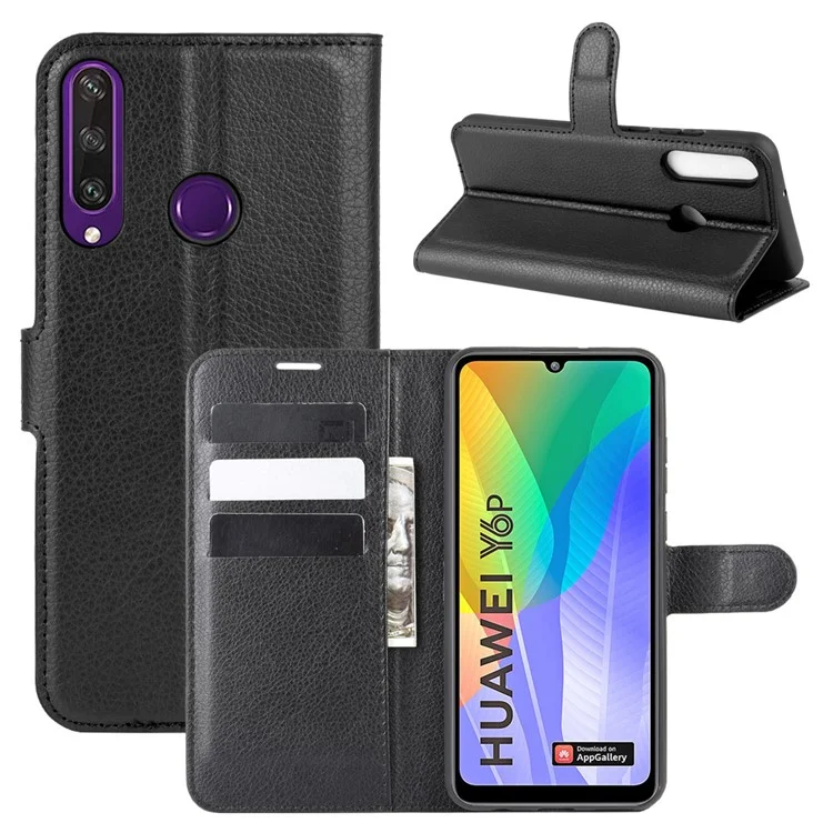 Litchi Skin with Wallet Leather Stand Phone Case for Huawei Y6p - Black-Cellmalls