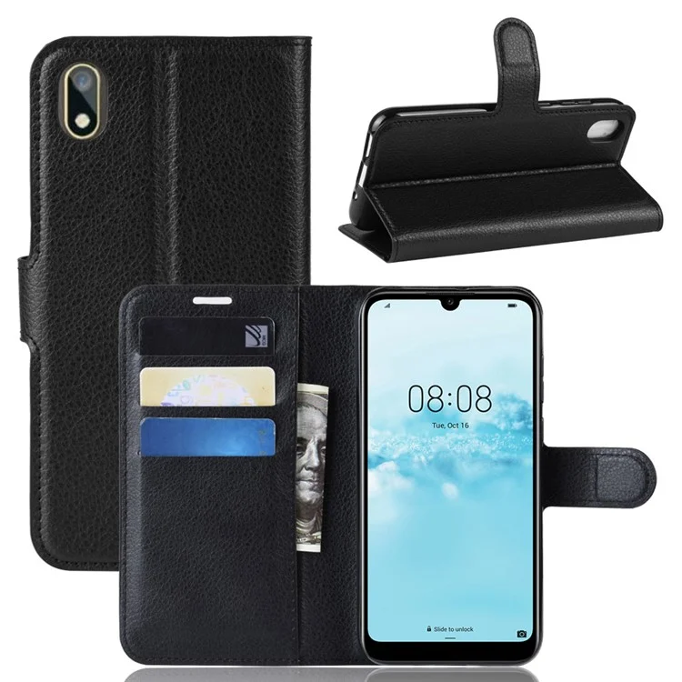 Litchi Skin PU Leather Magnetic Wallet Stand Case for Huawei Y5 (2019) / 8S - Black-Cellmalls