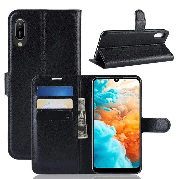 Litchi Texture Wallet Stand Leather Mobile Casing for Huawei Y6 Pro (2019) - Black-Cellmalls