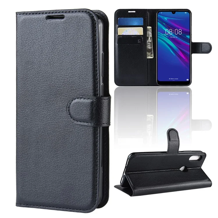 Litchi Texture Wallet Stand Leather Protector Cover for Huawei Y6 (2019, with Fingerprint Sensor) / Y6 Prime (2019) - Black-Cellmalls