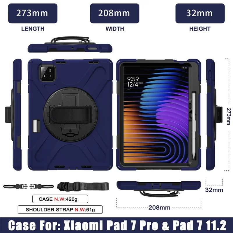 For Xiaomi Pad 7 Kickstand Case TPU PC Silicone Tablet Cover with Shoulder Strap - Navy Blue-Cellmalls