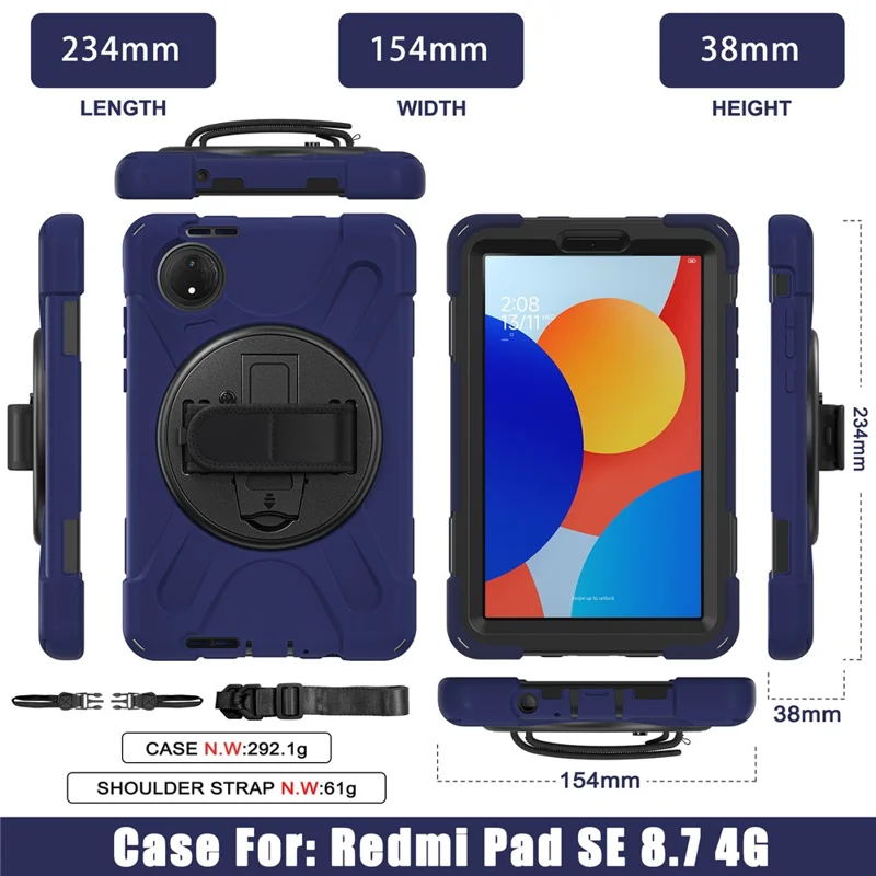 For Xiaomi Redmi Pad SE 4G 8.7 inch Kickstand Case TPU PC Silicone Tablet Cover with Shoulder Strap - Navy Blue-Cellmalls