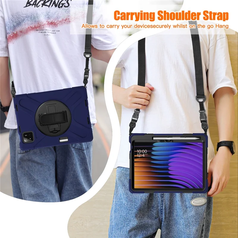 For Xiaomi Pad 7 Kickstand Case TPU PC Silicone Tablet Cover with Shoulder Strap - Navy Blue-Cellmalls