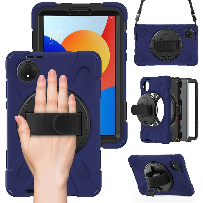 For Xiaomi Redmi Pad SE 4G 8.7 inch Kickstand Case TPU PC Silicone Tablet Cover with Shoulder Strap - Navy Blue-Cellmalls