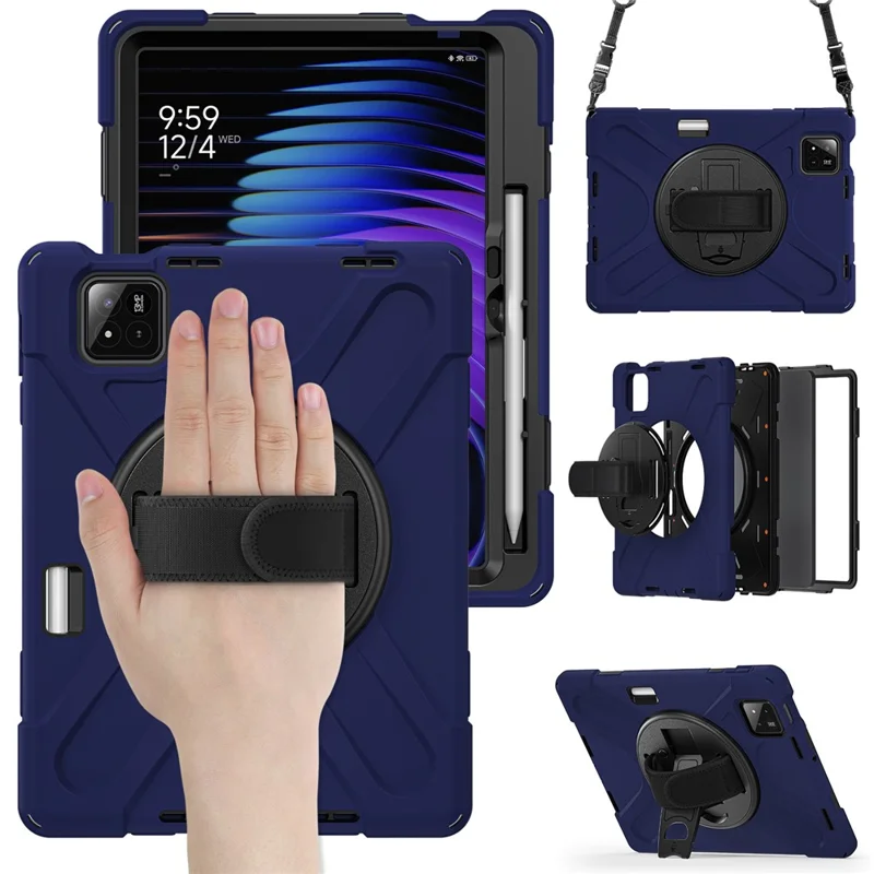 For Xiaomi Pad 7 Kickstand Case TPU PC Silicone Tablet Cover with Shoulder Strap - Navy Blue-Cellmalls