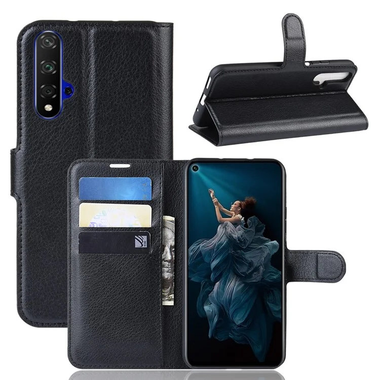 Litchi Skin Leather Wallet Stand Case for Huawei Honor 20S / Honor 20 - Black-Cellmalls