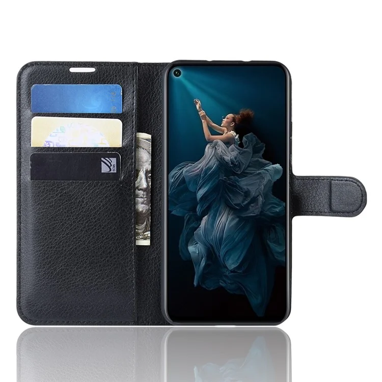 Litchi Skin Leather Wallet Stand Case for Huawei Honor 20S / Honor 20 - Black-Cellmalls