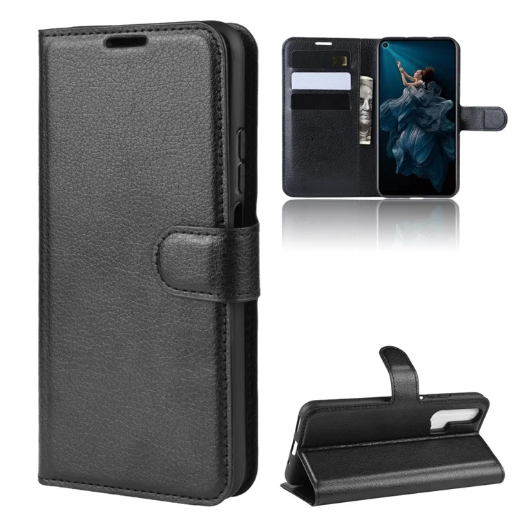 Litchi Skin Wallet Leather Stand Phone Shell for Huawei Honor 20 Pro - Black-Cellmalls