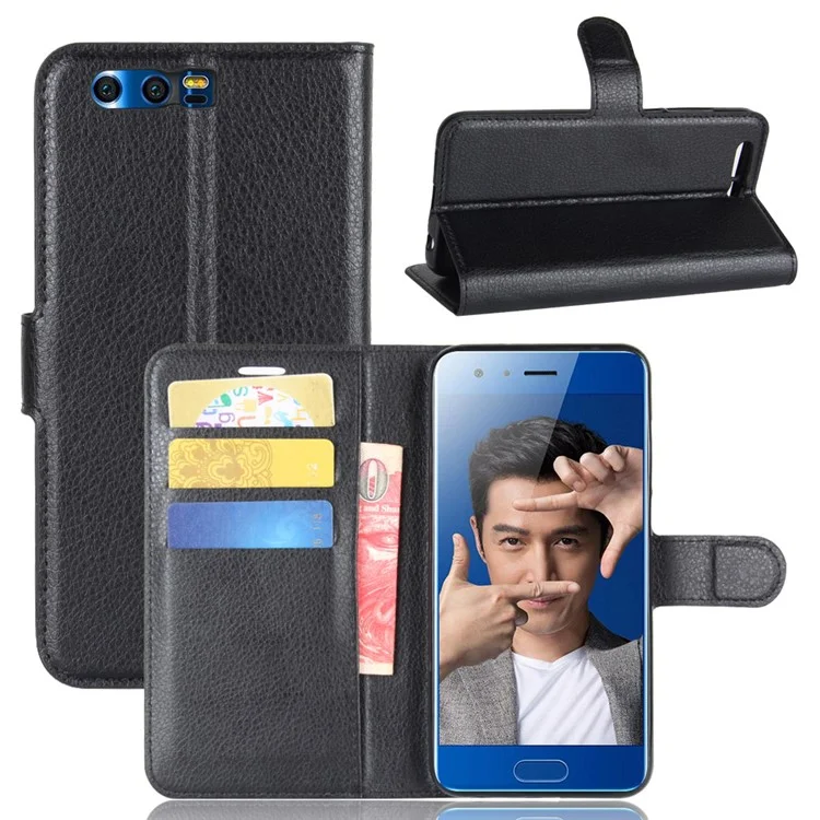 For Huawei Honor 9 Litchi Texture PU Leather Wallet Stand Phone Case Shell - Black-Cellmalls