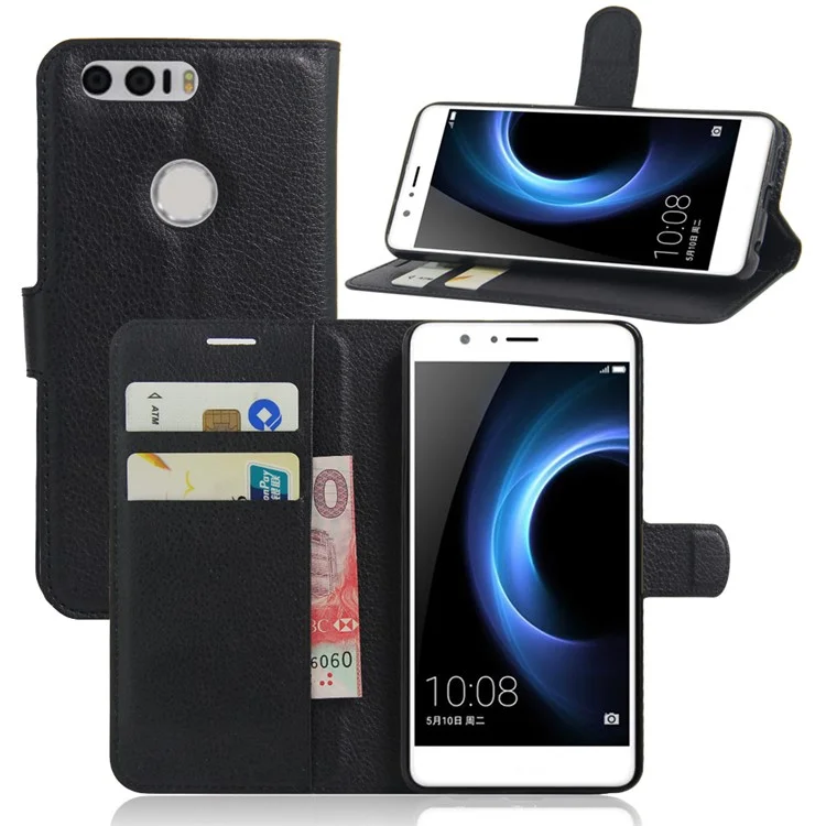Litchi Texture Stand Leather Case for Huawei Honor 8 with Folio Flip Wallet Design Phone Cover - Black-Cellmalls