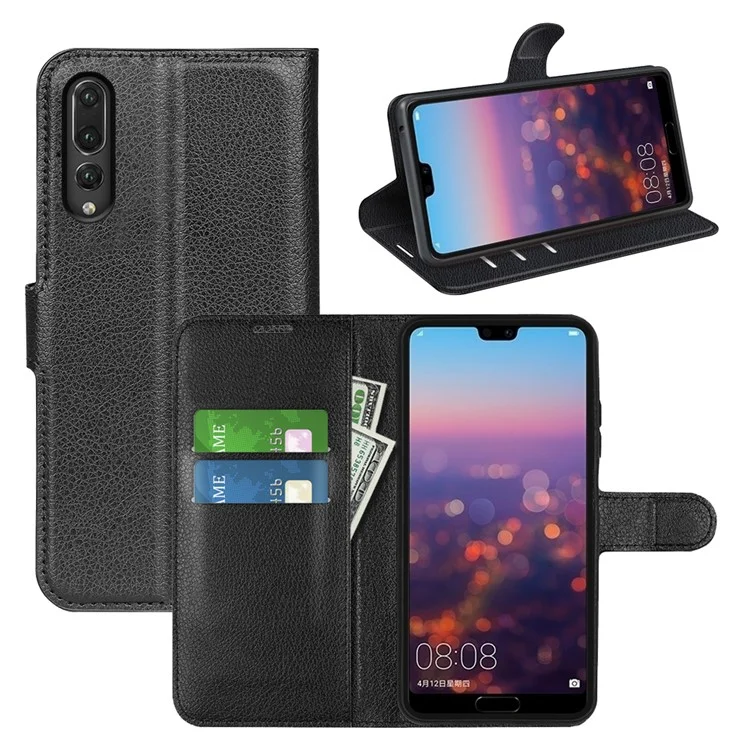 For Huawei P20 Litchi Texture Wallet Stand Leather Phone Accessory Case - Black-Cellmalls