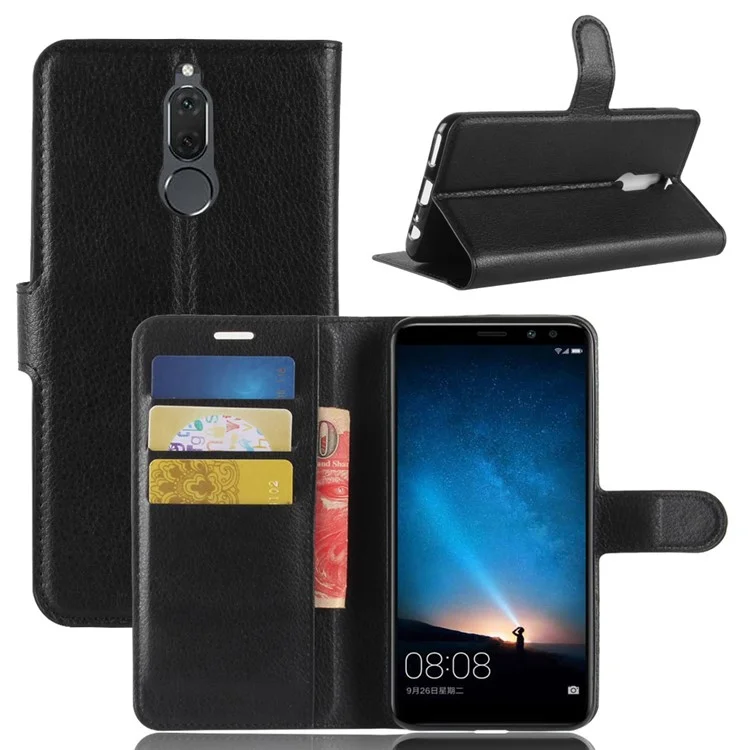 Litchi Skin Wallet Leather Stand Case for Huawei Mate 10 Lite / nova 2i / Maimang 6 - Black-Cellmalls