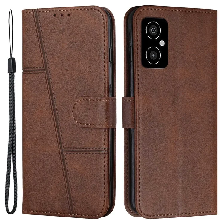 For Xiaomi Poco M4 5G Mobile Phone Case Bag Simple Style Imprinted Stitching Stand PU Leather Phone Cover Wallet with Strap - Brown-Cellmalls
