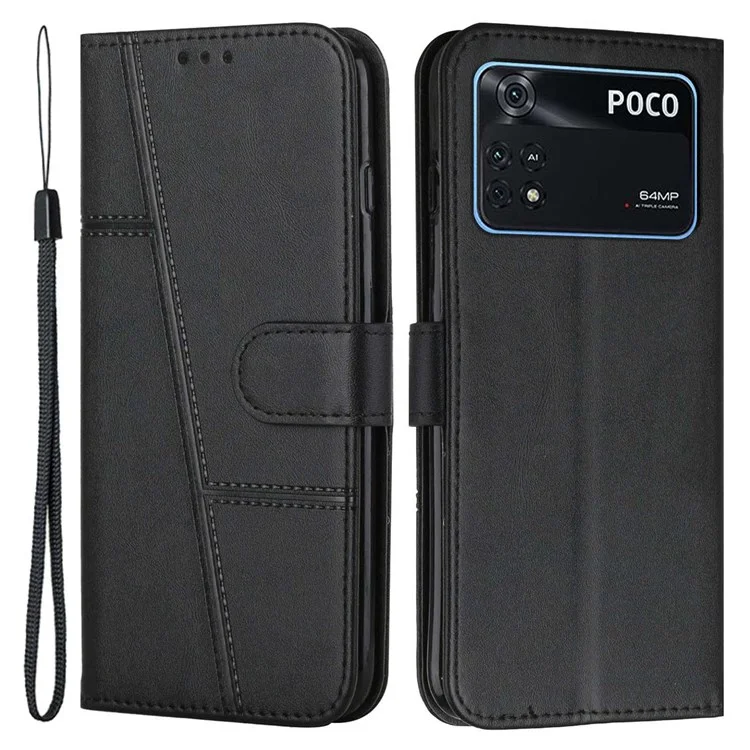 For Xiaomi Poco M4 Pro Phone Card Holder Case Wallet Magnetic PU Leather+Soft TPU Fine Stitching Phone Cover with Strap - Black-Cellmalls