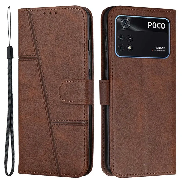 For Xiaomi Poco M4 Pro Phone Card Holder Case Wallet Magnetic PU Leather+Soft TPU Fine Stitching Phone Cover with Strap - Black-Cellmalls