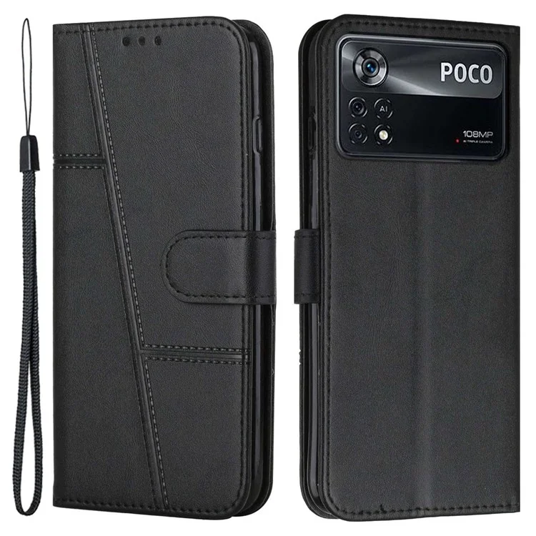 For Xiaomi Poco X4 Pro 5G Stitching Wallet Case PU Leather Magnetic Closure Stand Function Mobile Phone Cover with Strap - Black-Cellmalls