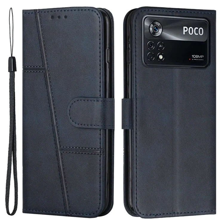 For Xiaomi Poco X4 Pro 5G Stitching Wallet Case PU Leather Magnetic Closure Stand Function Mobile Phone Cover with Strap - Black-Cellmalls