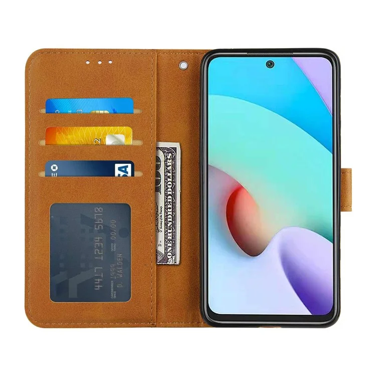 Lines Imprinted Premium PU Leather Wallet Stand Flip Protective Phone Case with Wrist Strap for Xiaomi Redmi Note 11 4G (MediaTek)/10 4G (2021)/10 2022 4G/10 Prime - Yellow-Cellmalls