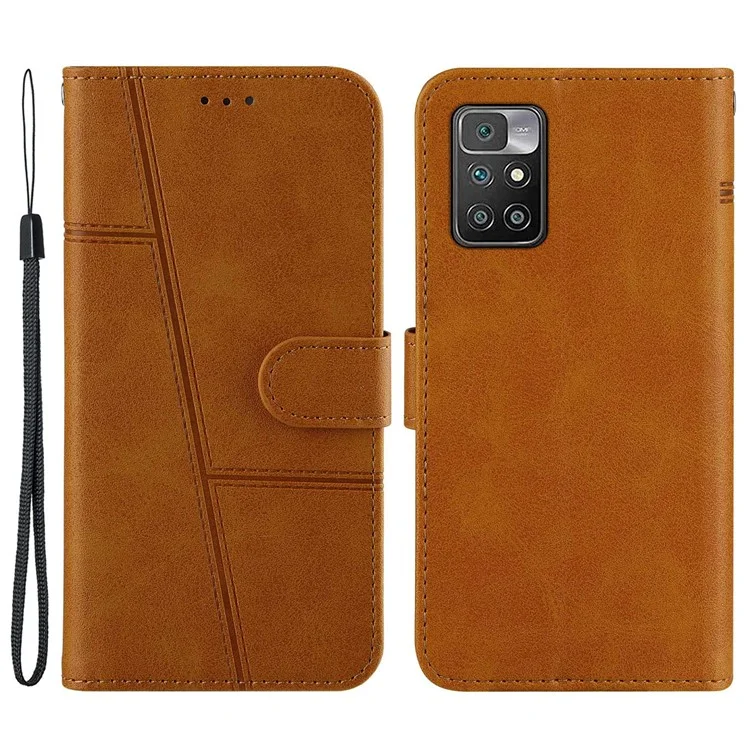 Lines Imprinted Premium PU Leather Wallet Stand Flip Protective Phone Case with Wrist Strap for Xiaomi Redmi Note 11 4G (MediaTek)/10 4G (2021)/10 2022 4G/10 Prime - Yellow-Cellmalls