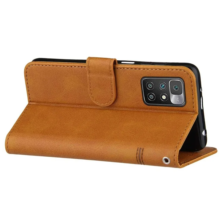 Lines Imprinted Premium PU Leather Wallet Stand Flip Protective Phone Case with Wrist Strap for Xiaomi Redmi Note 11 4G (MediaTek)/10 4G (2021)/10 2022 4G/10 Prime - Yellow-Cellmalls