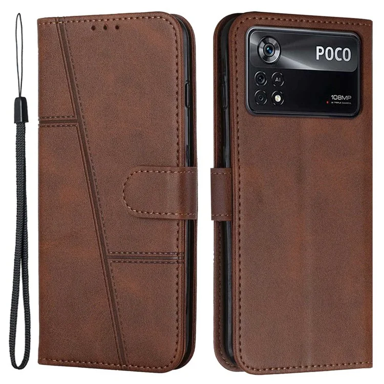 For Xiaomi Poco X4 Pro 5G Stitching Wallet Case PU Leather Magnetic Closure Stand Function Mobile Phone Cover with Strap - Black-Cellmalls