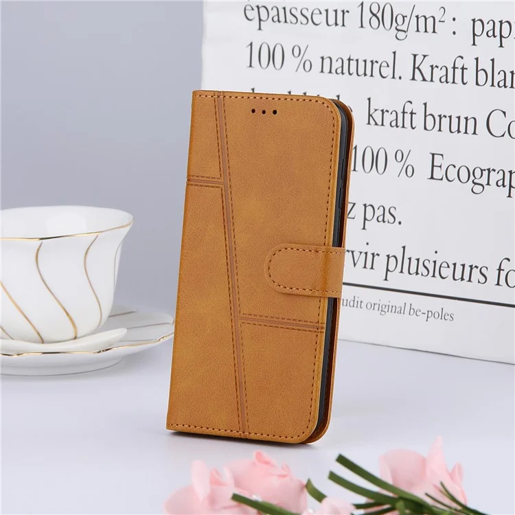 Lines Imprinted Premium PU Leather Wallet Stand Flip Protective Phone Case with Wrist Strap for Xiaomi Redmi Note 11 4G (MediaTek)/10 4G (2021)/10 2022 4G/10 Prime - Yellow-Cellmalls