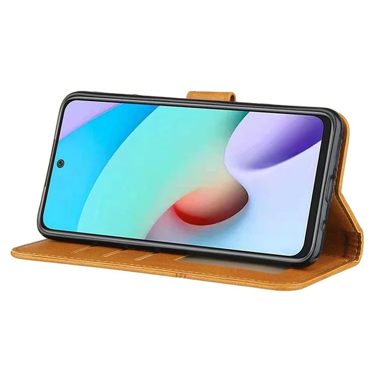 Lines Imprinted Premium PU Leather Wallet Stand Flip Protective Phone Case with Wrist Strap for Xiaomi Redmi Note 11 4G (MediaTek)/10 4G (2021)/10 2022 4G/10 Prime - Yellow-Cellmalls