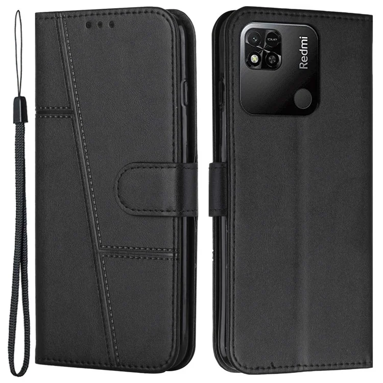 For Xiaomi Redmi 10A/Poco C31/Redmi 9C/9C NFC Stitching PU Leather Protective Case Wallet Function Folio Stand Shockproof Cover with Strap - Black-Cellmalls