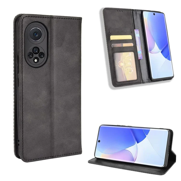 Retro Textured Surface Phone Leather Case Shockproof Wallet Stand Cover for Huawei nova 9 - Black-Cellmalls