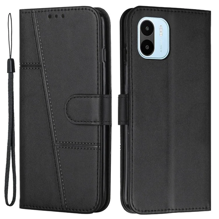 For Xiaomi Redmi A1 4G / A2 4G Simple Style Phone Cover Stitching Design Wallet Anti-scratch PU Leather Stand Case with Strap - Black-Cellmalls