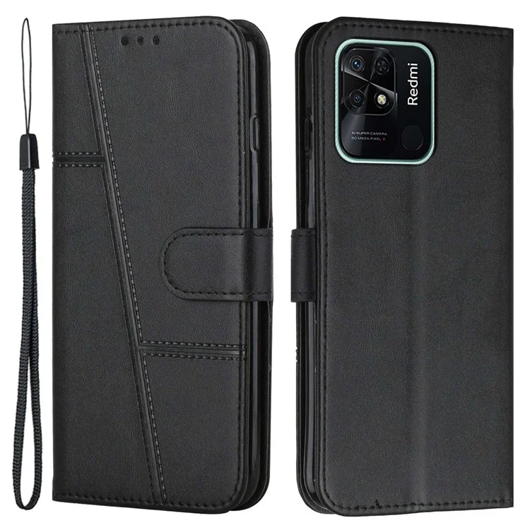 For Xiaomi Redmi 10C 4G Stitching PU Leather Wallet Case Magnetic Closure Full Protection Book Design Stand Cover with Strap - Black-Cellmalls