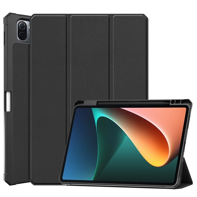 For Xiaomi Pad 5/Pad 5 Pro Slim Case Tri-fold Stand PU Leather Shockproof Tablet Cover with Pencil Holder Support Auto Wake/Sleep - Black-Cellmalls