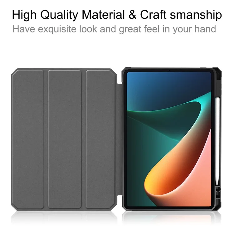 For Xiaomi Pad 5/Pad 5 Pro Slim Case Tri-fold Stand PU Leather Shockproof Tablet Cover with Pencil Holder Support Auto Wake/Sleep - Black-Cellmalls