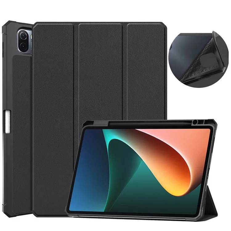 For Xiaomi Pad 5/Pad 5 Pro Slim Case Tri-fold Stand PU Leather Shockproof Tablet Cover with Pencil Holder Support Auto Wake/Sleep - Black-Cellmalls