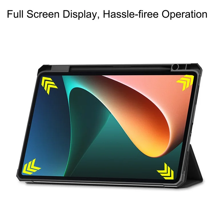 For Xiaomi Pad 5/Pad 5 Pro Slim Case Tri-fold Stand PU Leather Shockproof Tablet Cover with Pencil Holder Support Auto Wake/Sleep - Black-Cellmalls